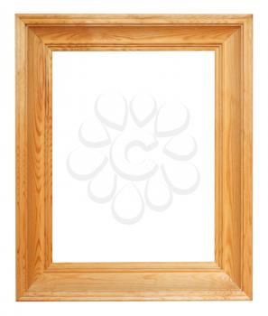 vertical simple wide brown wooden picture frame with cut out canvas isolated on white background