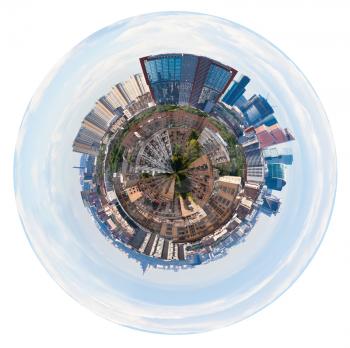 little planet - urban spherical panorama of Moscow with tower buildings isolated on white background