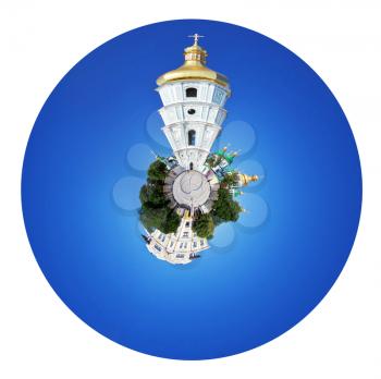 little planet - spherical panoramic view of bell tower and Saint Sophia Cathedral and Sophia square in Kiev, Ukraine isolated on white background