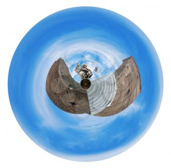 little planet - spherical view of two towers and statue of Saint Petronius with blue sky in Bologna, Italy isolated on white background
