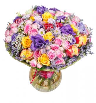 bouquet of flowers from roses and chrysanthemums in glass vase isolated on white background