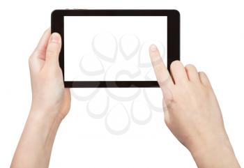 finger touching tablet pc with cut out screen isolated on white background