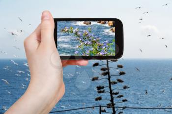 travel concept - tourist takes picture of mediterranean sea coastline in Costa Brava coast on smartphone, Spain