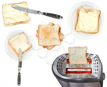 bread and butter sandwiches and toaster isolated on white background