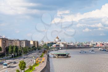 MOSCOW, RUSSIA - MAY 30, 2015: view of Frunzenskaya embankment, Cathedral of Christ the Saviour, Kremlin, Krymsky Bridge in Moscow, Russia