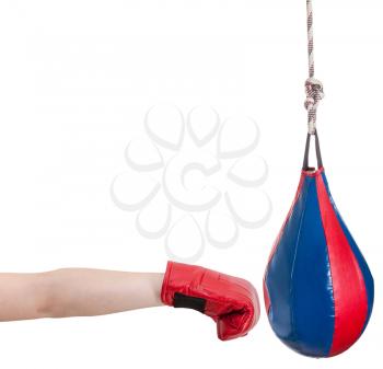 hand gesture - kid with boxing glove punches punching bag isolated on white background