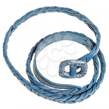 above view of coiled blue braided leather belt isolated on white background