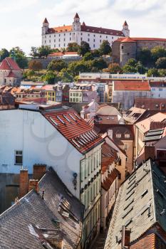 travel to Bratislava city - view of Bratislava castle and Bastova street in old town