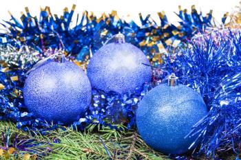 blue Christmas balls on green spruce branch isolated on white background