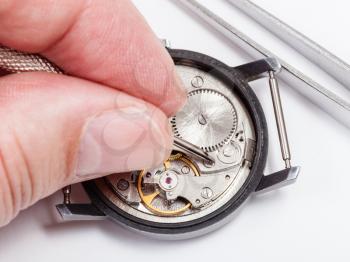 adjusting old mechanic wristwatch - watchmaker repairs old watch close up
