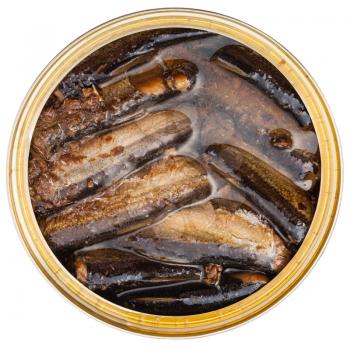 top view of tinned fish isolated on white background - smoked sprats in oil