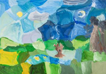 child's drawing - abstract landscape with green meadow, bare trees, lake, forest and blue night sky by watercolor gouache