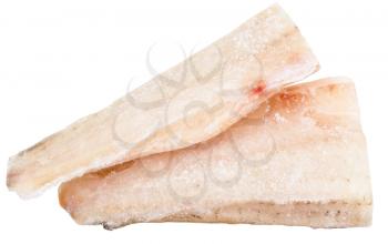 two frozen zander (pike-perch) fish fillets isolated on white background