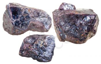 macro shooting of collection natural rock - three Cuprite mineral gem stones isolated on white background