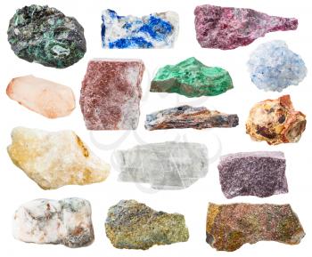 many natural rocks and stones - lazurite, bauxite, eudialyte, alunite, schist, malachite, pyrite, quartz, aventurine, celestine, celestite, calcite, marble gem stones isolated on white background