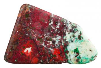 macro shooting of natural gemstone - tumbled green chrysocolla with red Cuprite mineral gem stone isolated on white background