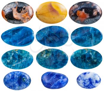 set of cabochons from mookaite australian jasper, kyanite, apatite, lapis lazuli mineral gemstone isolated on white background