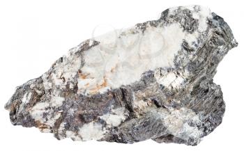 macro shooting of natural mineral stone - gray bismuthinite mineral and iridescent native bismuth in quartz rock isolated on white background