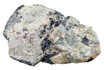 macro shooting of natural mineral stone - green Nepheline (nephelite) stone with black Ilmenite crystals isolated on white background