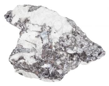 macro shooting of natural mineral stone - steel gray bismuthinite crystals in quartz rock isolated on white background
