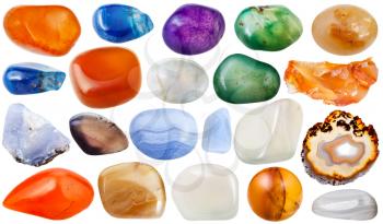 set of various transparent agate natural mineral stones and gemstones isolated on white background
