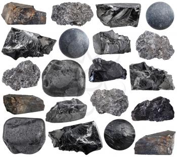 set of various carbon (anthracite, shungite, graphite, coal, jet lignite) natural mineral stones, rocks and gemstones isolated on white background