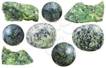 set of various serpentine natural mineral stones and gemstones isolated on white background