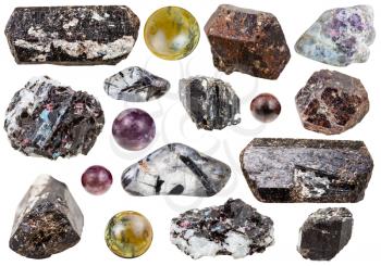 set of various tourmaline natural mineral stones, crystals and gemstones isolated on white background