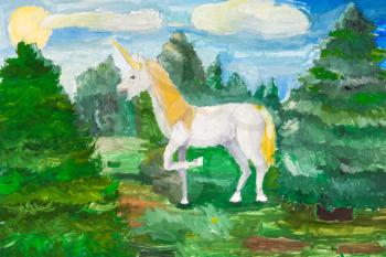 child's painting - fairy white unicorn in green fir forest hand painted by watercolor aquarelle gouache