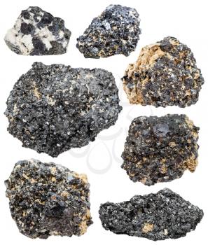 set of Perovskite mineral stones, crystals, natural rocks (titanium ore) isolated on white background