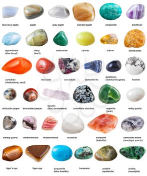 various tumbled gemstones with names isolated on white background