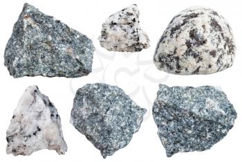 collection from specimens of diorite rock isolated on white background