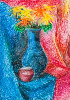 illustration painted by hand with oil pastel - still-life bouquet of flowers in blue vase and red jar