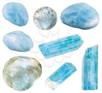 set of various aquamarine (blue beryl) mineral crystals and polished gem stones isolated on white background
