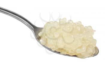 salty caviar of halibut fish in steel spoon isolated on white background