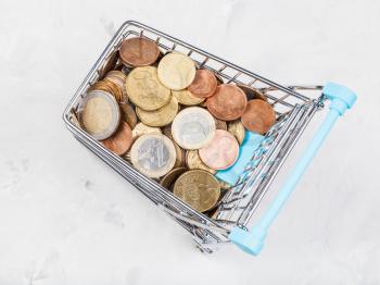 shopping cart with euro coins on concrete board
