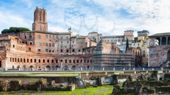 Travel to Italy - ancient ruins of trajan's market in roman forum in Rome city in winter