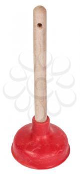 common household plumbing sink plunger with wooden stick and red rubber suction cup isolated on white background