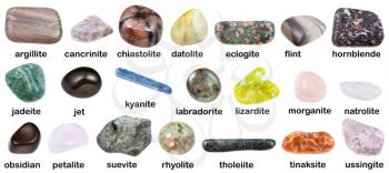 geological collection of tumbled mineral stones with names - chiastolite, andalusite, tholeiite, eclogite, rhyolite, jadeite, morganite, gem, petalite, castorite, kyanite, charoite, tinaksite, etc
