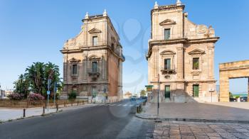 PALERMO, ITALY - JUNE 24, 2011: Porta Felice is monumental city gate in La Cala (old port) in Palermo. Porta Felice was built in Renaissance and Baroque styles between the 16th and 17th centuries