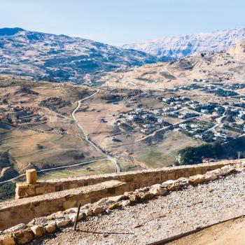 Travel to Middle East country Kingdom of Jordan - above view of suburbs of Al-Karak town from Kerak Castle in winter