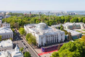 KIEV, UKRAINE - MAY 4, 2017: above view of Verkhovna Rada building (Supreme Council of Ukraine) on Hrushevskoho street and Mariyinsky palace in Mariinsky park and Dnieper River on horizon in spring