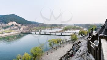 travel to China - panoramic view with Manshui Bridge on Yi river and Longmen Grottoes area in spring season