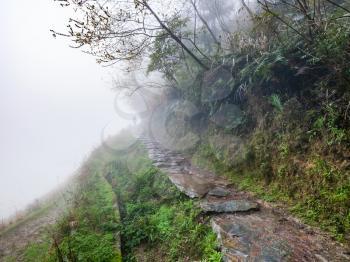 travel to China - wet path on hill slope in rainy misty spring day in area of Dazhai Longsheng Rice Terraces (Dragon's Backbone terrace, Longji Rice Terraces)