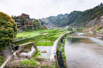 travel to China - view of irrigation canal and rice fields in Chengyang village of Sanjiang Dong Autonomous County in spring season