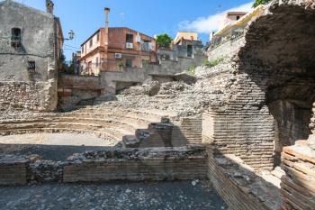 travel to Sicily, Italy - ruins of ancient roman amphitheatre Odeon in Taormina city.