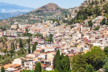 travel to Sicily, Italy - above view of Taormina city in summer day