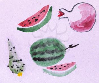 training drawing in suibokuga style with watercolor paints - fresh fruits on pink colored paper