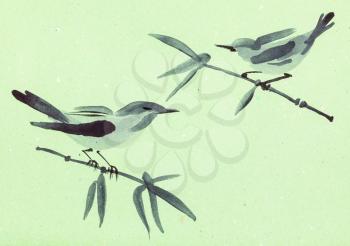 training drawing in suibokuga style with watercolor paints - sketches of birds on twigs on green colored paper