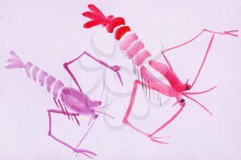 training drawing in suibokuga style with watercolor paints - two pink shrimps on violet colored paper